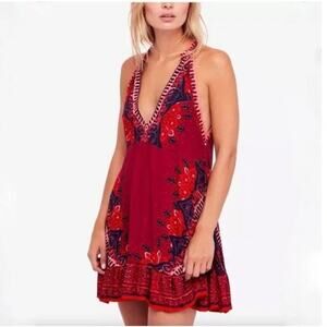 Free People Western Red Halter Short Dress Boho Embroidery Ruffled Hem Women M